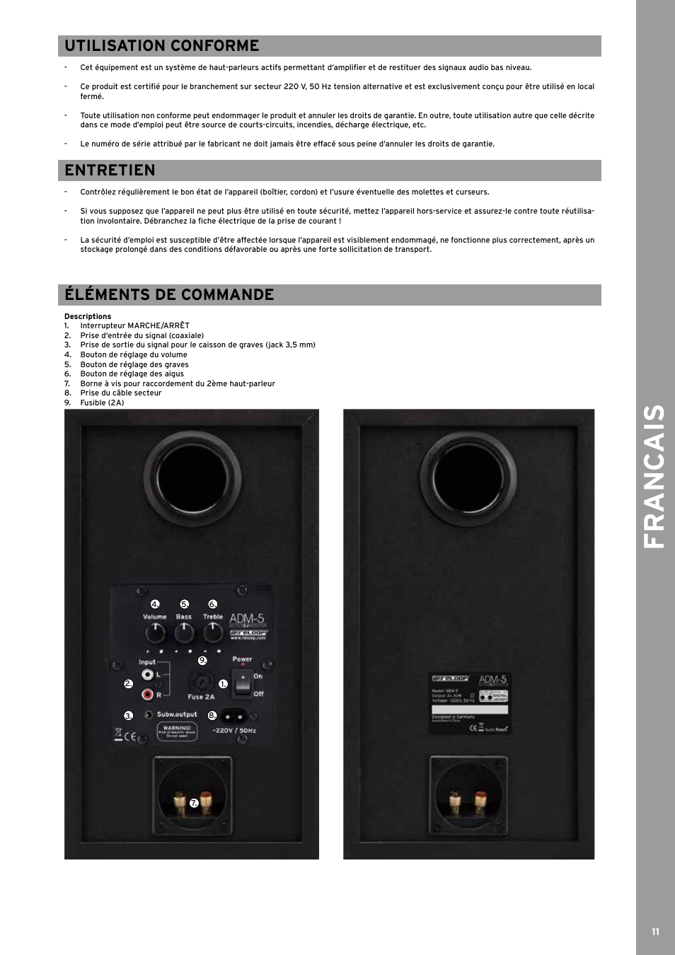 Fr anc ais, Utilisation conforme, Entretien | Éléments de commande | Reloop ADM-5 User Manual | Page 11 / 16