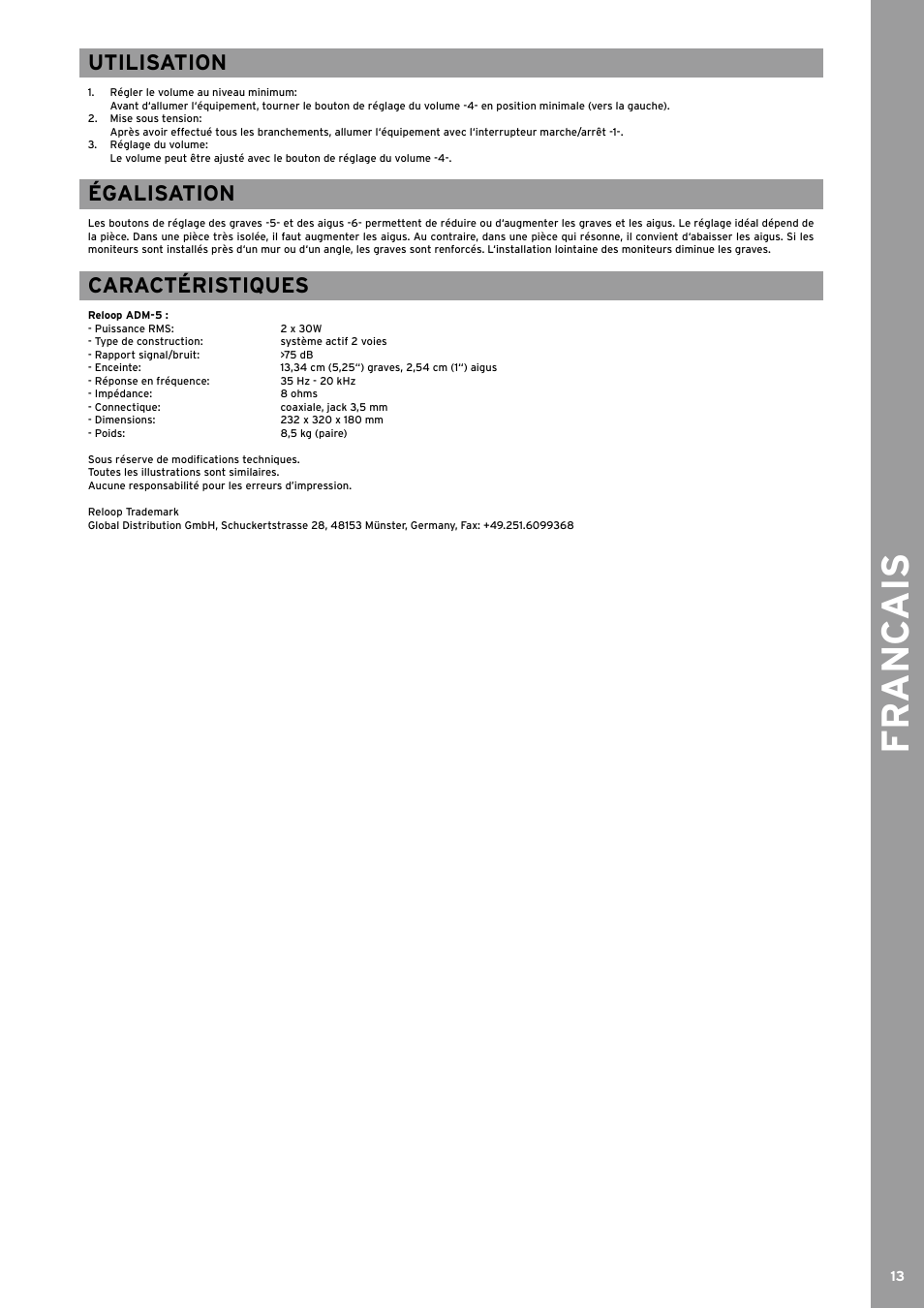 Fr anc ais, Utilisation, Égalisation | Caractéristiques | Reloop ADM-5 User Manual | Page 13 / 16
