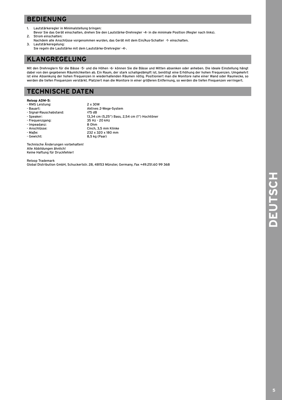 De ut s ch, Bedienung, Klangregelung | Technische daten | Reloop ADM-5 User Manual | Page 5 / 16