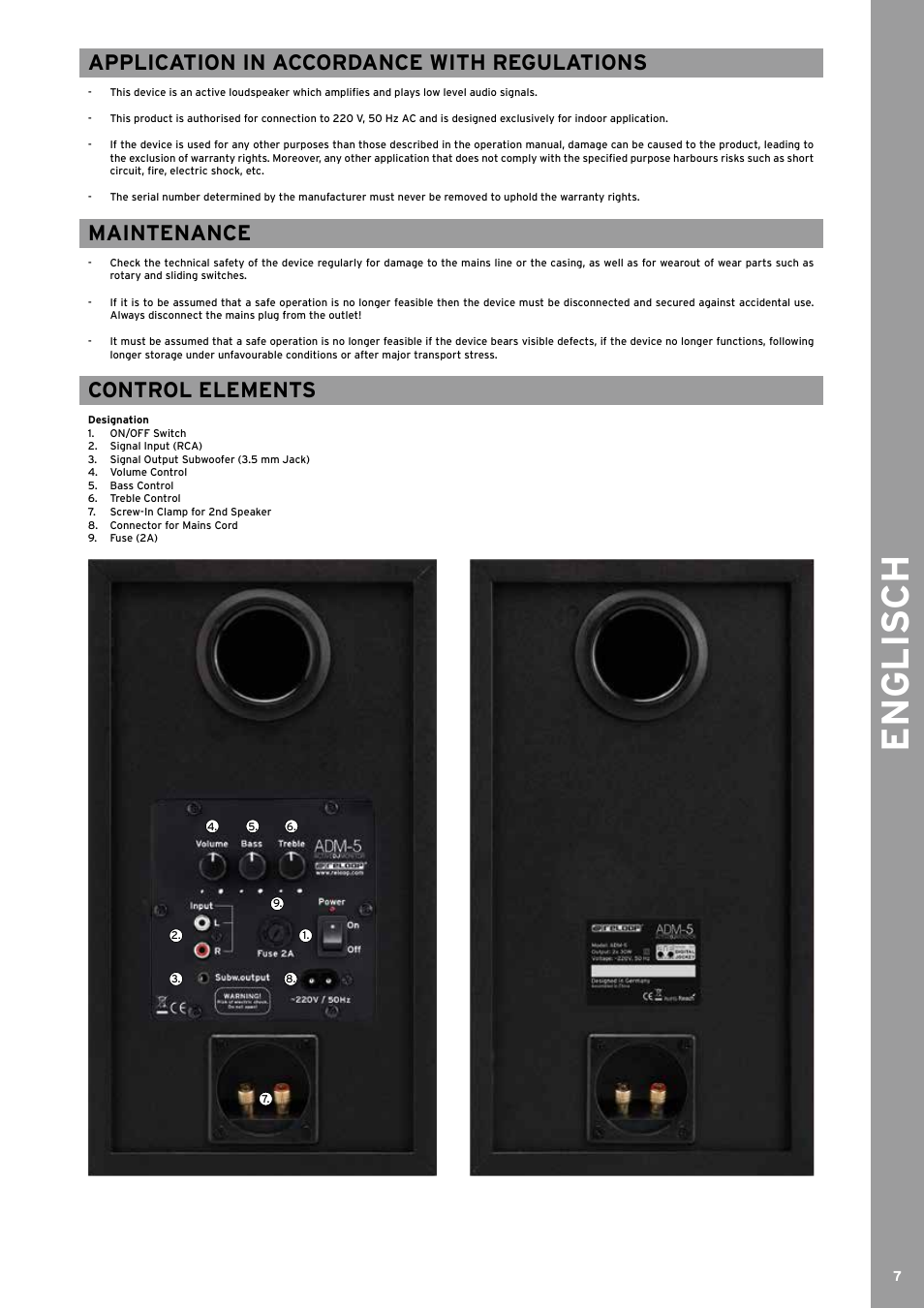 Englis ch, Application in accordance with regulations, Maintenance | Control elements | Reloop ADM-5 User Manual | Page 7 / 16