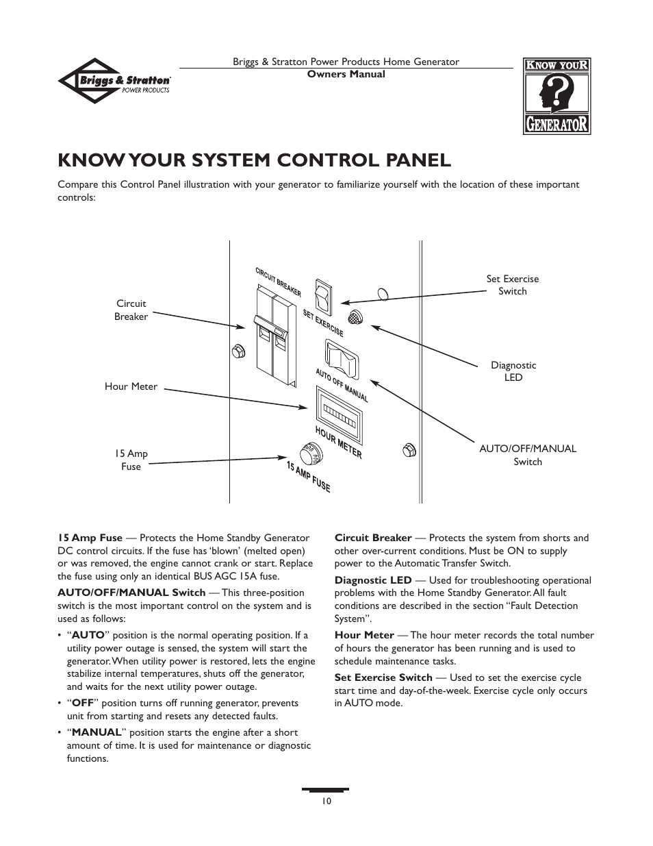Know your system control panel | Briggs & Stratton 01815-0  EU User Manual | Page 10 / 52