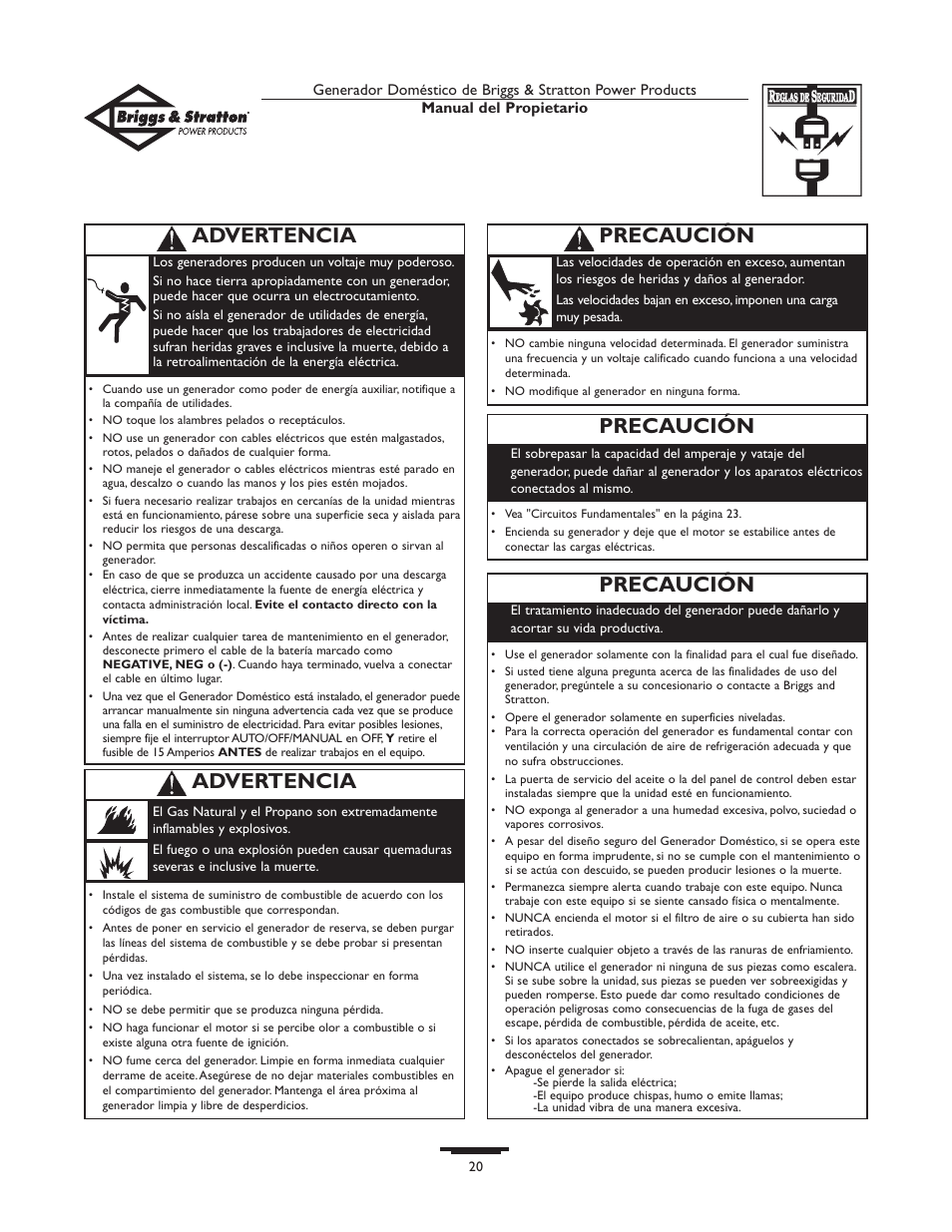 Calling the factor, Calling the factory, Precaución | Advertencia | Briggs & Stratton 01815-0  EU User Manual | Page 20 / 52