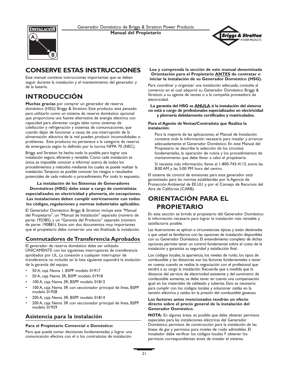 Conserve estas instrucciones, Introducción, Orientación para el propietario | Briggs & Stratton 01815-0  EU User Manual | Page 21 / 52