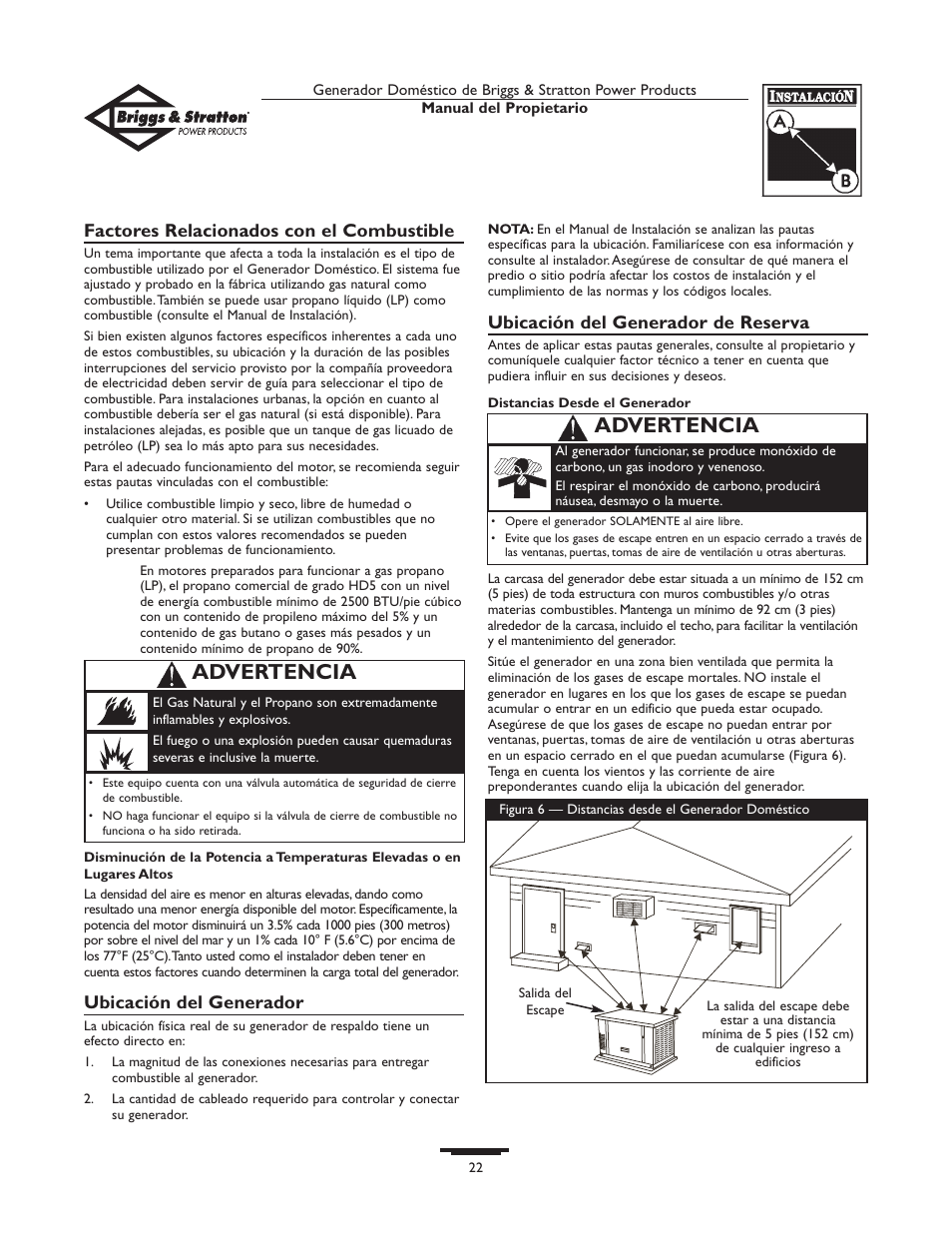 Advertencia, Factores relacionados con el combustible, Ubicación del generador | Ubicación del generador de reserva | Briggs & Stratton 01815-0  EU User Manual | Page 22 / 52