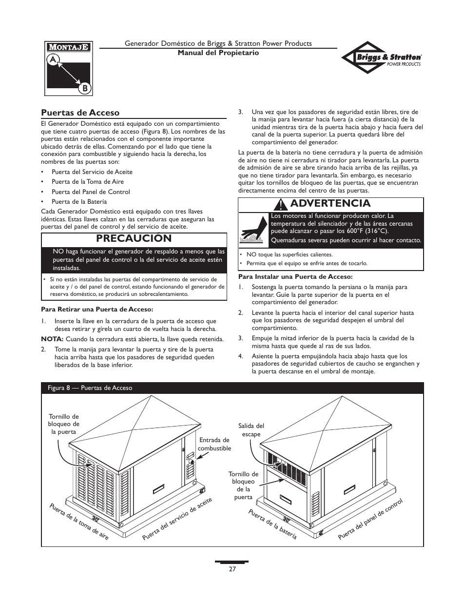 Precaución, Advertencia, Puertas de acceso | Briggs & Stratton 01815-0  EU User Manual | Page 27 / 52