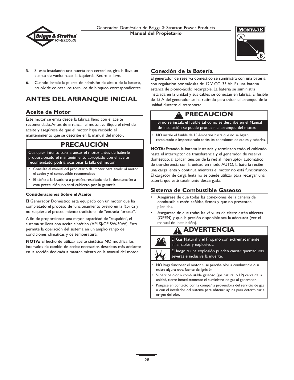 Antes del arranque inicial, Precaución, Advertencia | Aceite de motor, Conexión de la batería, Sistema de combustible gaseoso | Briggs & Stratton 01815-0  EU User Manual | Page 28 / 52