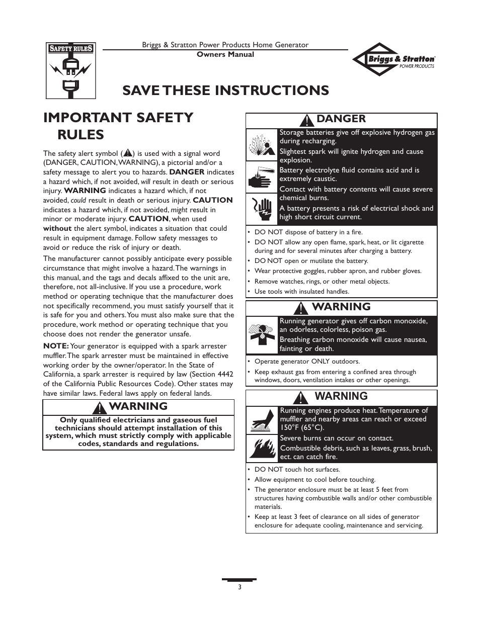 Safety rules, Safety rules -4, Important safety rules | Save these instructions, Warning, Danger | Briggs & Stratton 01815-0  EU User Manual | Page 3 / 52