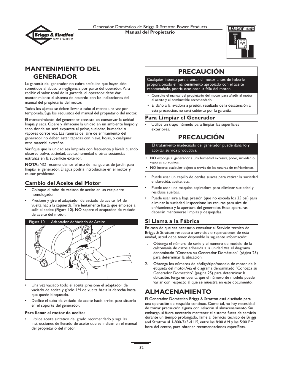 Mantenimiento del generador, Almacenamiento, Precaución | Briggs & Stratton 01815-0  EU User Manual | Page 32 / 52