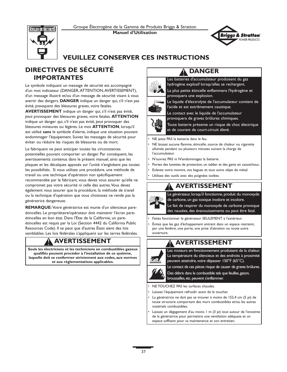 Directives de sécurité importantes, Avertissement veuillez conserver ces instructions, Avertissement | Danger | Briggs & Stratton 01815-0  EU User Manual | Page 37 / 52