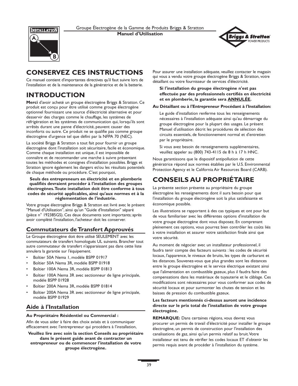 Conservez ces instructions, Introduction, Conseils au propriétaire | Briggs & Stratton 01815-0  EU User Manual | Page 39 / 52