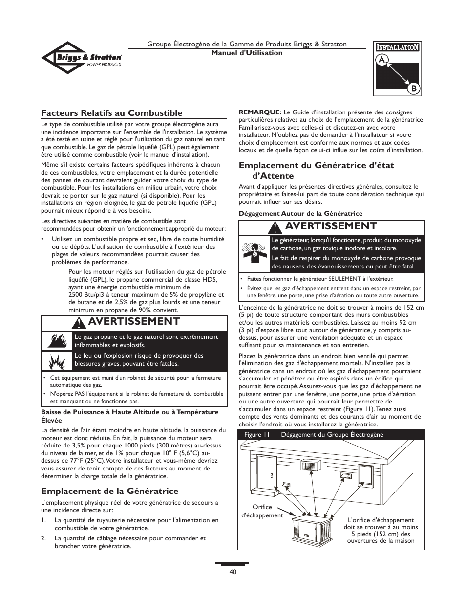 Avertissement, Facteurs relatifs au combustible, Emplacement de la génératrice | Emplacement du génératrice d’état d’attente | Briggs & Stratton 01815-0  EU User Manual | Page 40 / 52