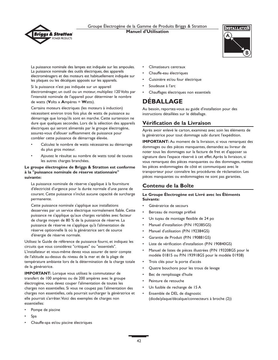 Déballage, Vérification de la livraison, Contenu de la boîte | Briggs & Stratton 01815-0  EU User Manual | Page 42 / 52