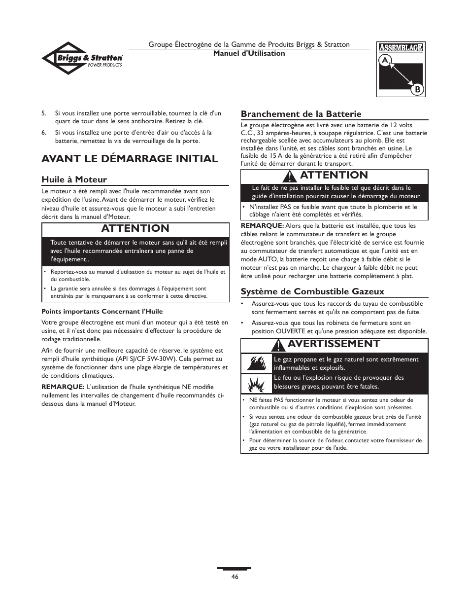 Avant le démarrage initial, Attention, Avertissement | Huile à moteur, Branchement de la batterie, Système de combustible gazeux | Briggs & Stratton 01815-0  EU User Manual | Page 46 / 52