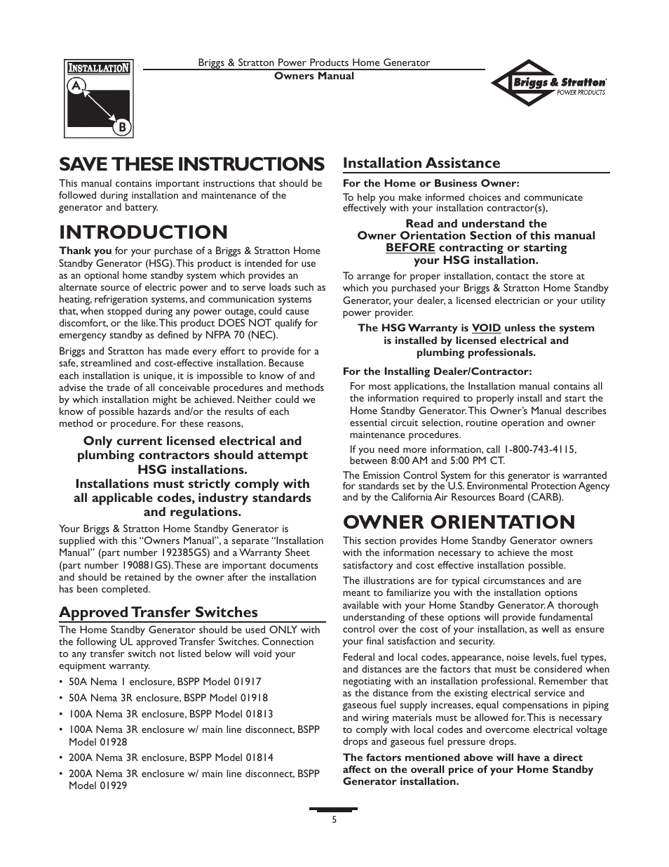 Save these instructions, Introduction, Owner orientation | Approved transfer switches, Installation assistance | Briggs & Stratton 01815-0  EU User Manual | Page 5 / 52