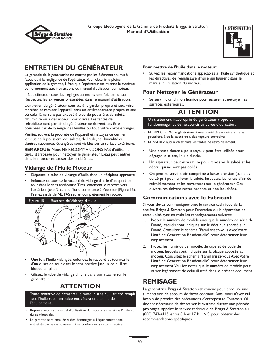 Entretien du générateur, Remisage, Attention | Briggs & Stratton 01815-0  EU User Manual | Page 50 / 52