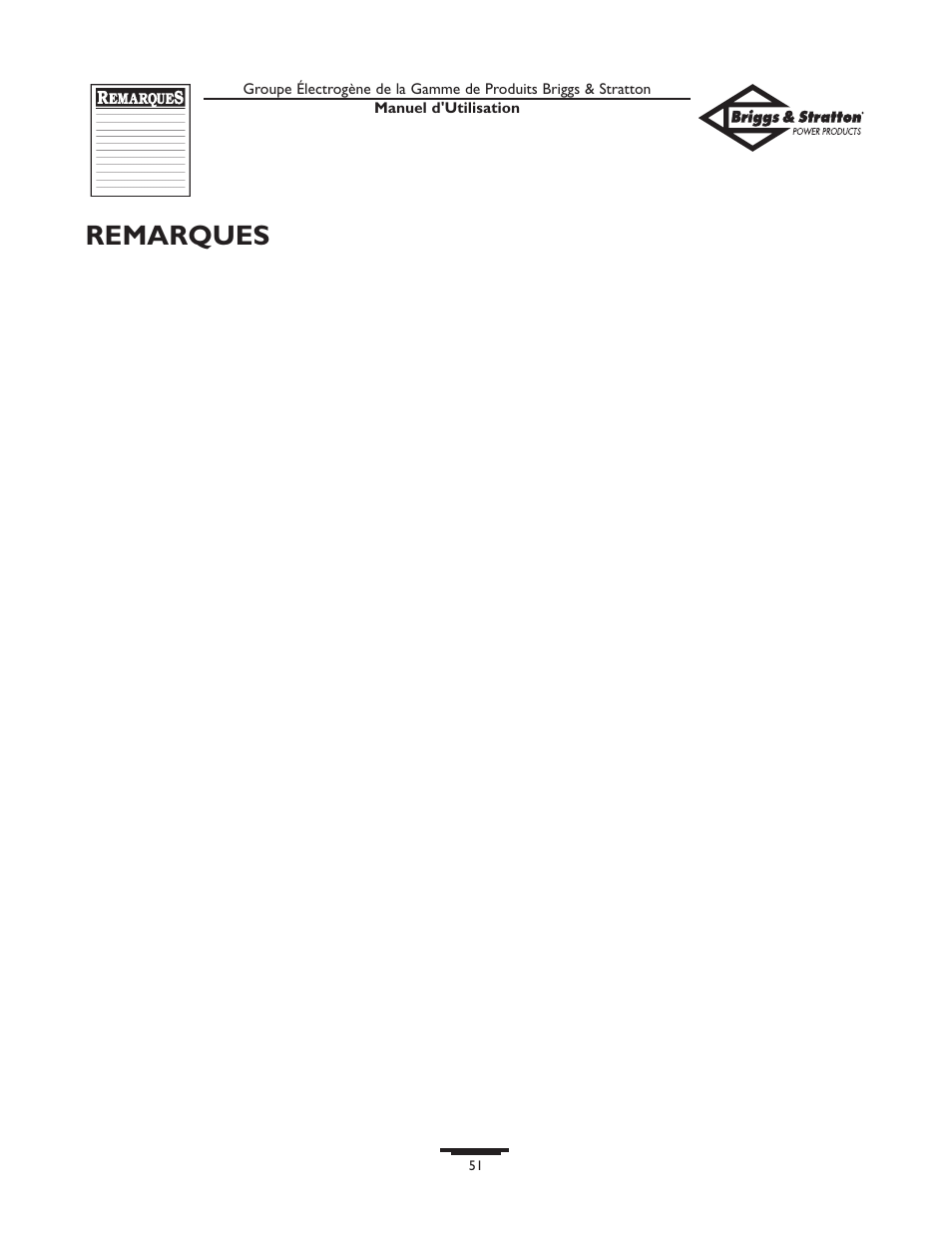 Remarques | Briggs & Stratton 01815-0  EU User Manual | Page 51 / 52