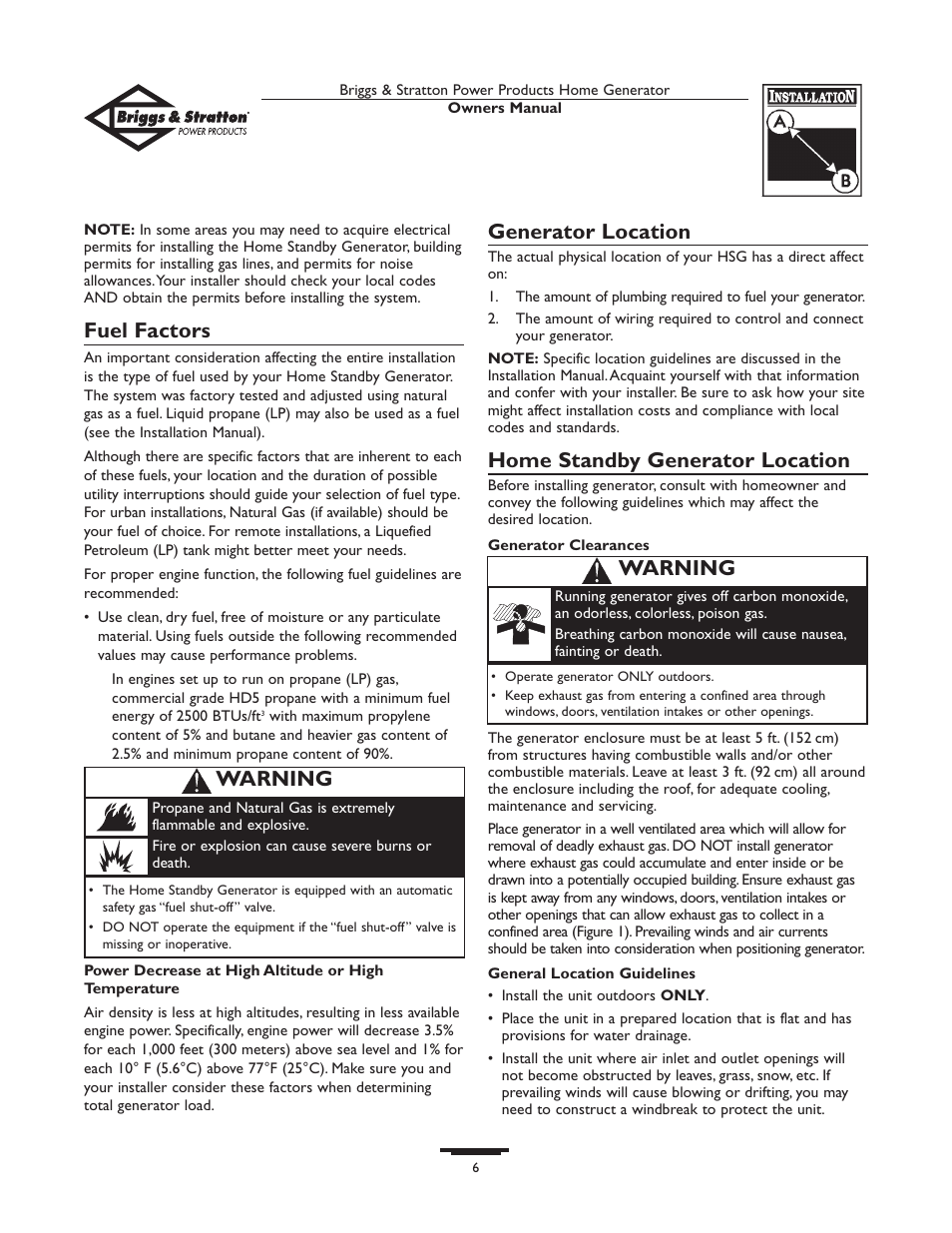 Fuel factors, Generator location, Home standby generator location | Warning | Briggs & Stratton 01815-0  EU User Manual | Page 6 / 52