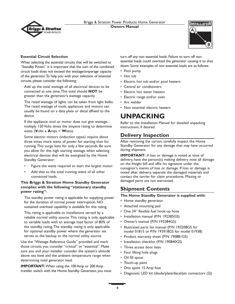 Unpacking, Delivery inspection, Shipment contents | Briggs & Stratton 01815-0  EU User Manual | Page 8 / 52
