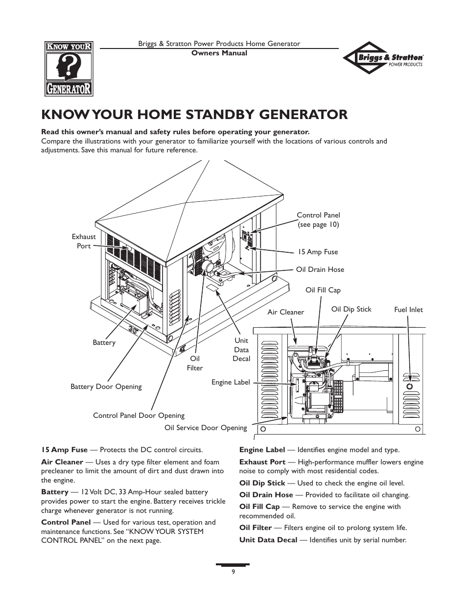 Know your home standby generator | Briggs & Stratton 01815-0  EU User Manual | Page 9 / 52