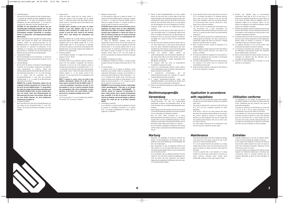 Bestimmungsgemäße verwendung, Wartung, Application in accordance with regulations | Maintenance, Utilisation conforme, Entretien | Reloop ACTIVE PA SET User Manual | Page 3 / 8