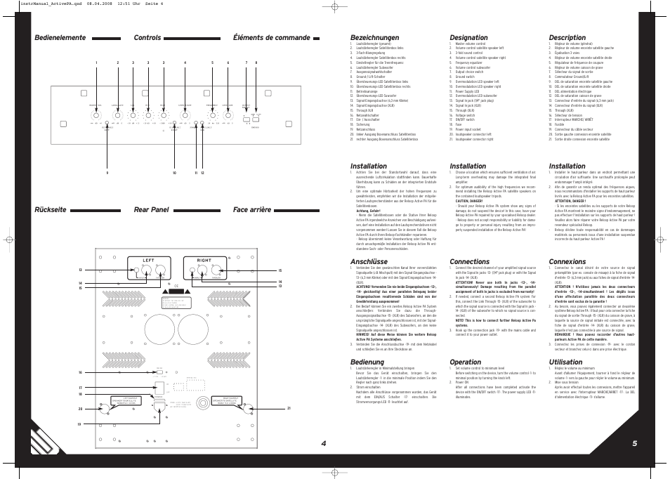 54 bezeichnungen, Installation, Anschlüsse | Bedienung, Controls rear panel designation, Connections, Operation, Description, Connexions, Utilisation | Reloop ACTIVE PA SET User Manual | Page 4 / 8