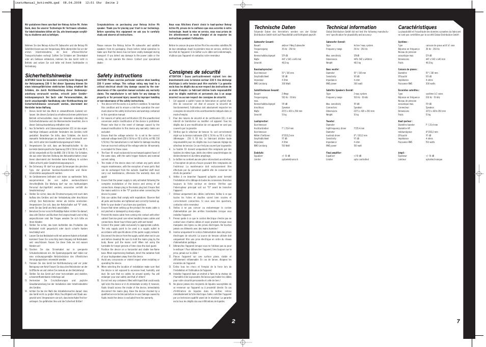 Sicherheitshinweise, 7technische daten, Safety instructions | Technical information, Consignes de sécurité, Caractéristiques | Reloop ACTIVE PA SET User Manual | Page 7 / 8