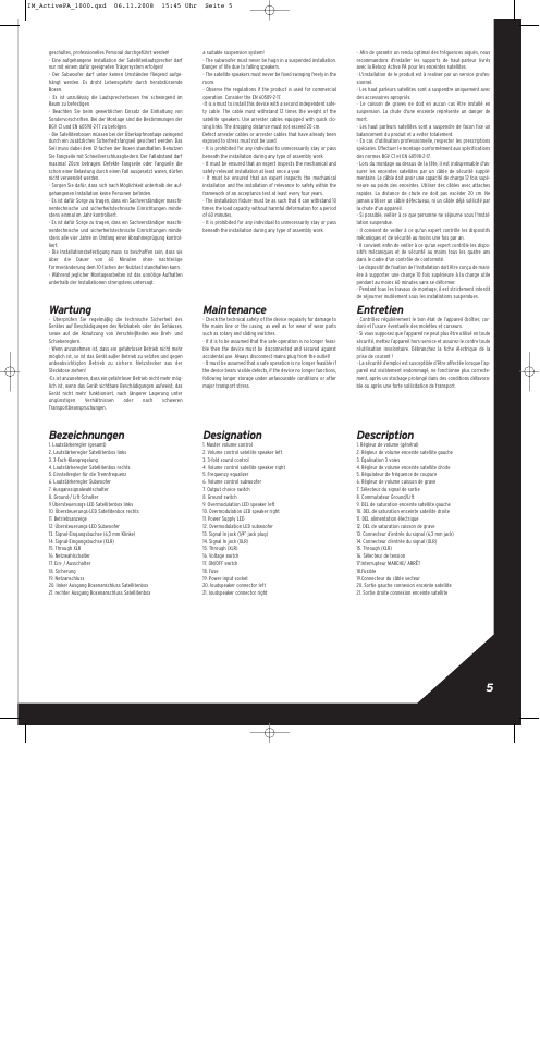 Wartung, Bezeichnungen, Maintenance | Designation, Entretien, Description | Reloop ACTIVE PA SET 1000 User Manual | Page 5 / 8