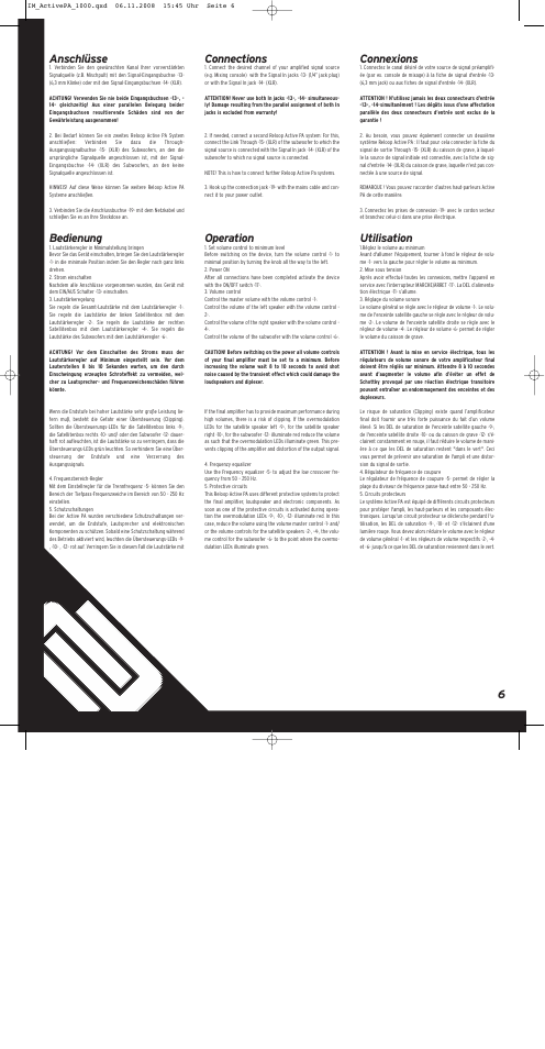 6anschlüsse, Bedienung, Connections | Operation, Connexions, Utilisation | Reloop ACTIVE PA SET 1000 User Manual | Page 6 / 8