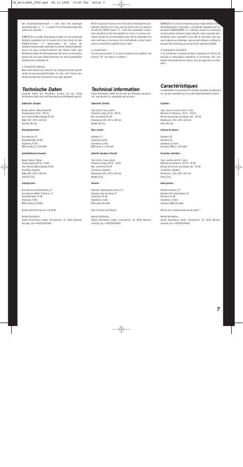 Technische daten, Technical information, Caractéristiques | Reloop ACTIVE PA SET 1000 User Manual | Page 7 / 8