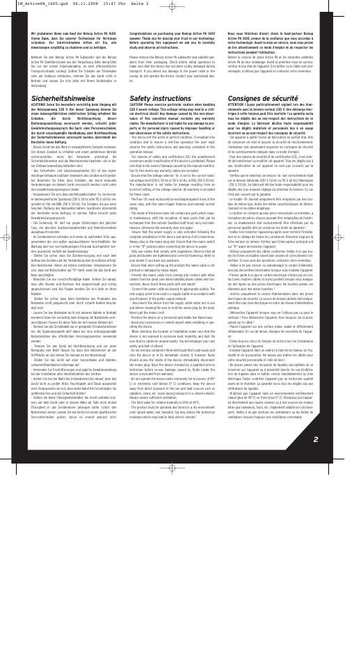 Sicherheitshinweise, Safety instructions, Consignes de sécurité | Reloop ACTIVE PA SET 1600 User Manual | Page 2 / 8