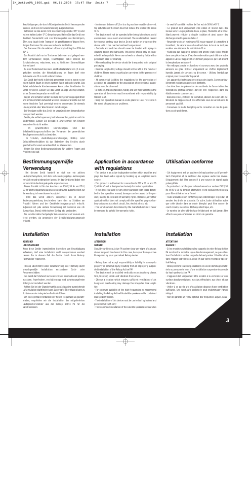 Bestimmungsgemäße verwendung, Installation, Application in accordance with regulations | Utilisation conforme | Reloop ACTIVE PA SET 1600 User Manual | Page 3 / 8