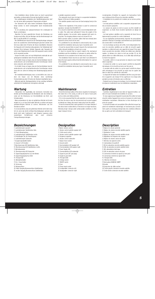 Wartung, Bezeichnungen, Maintenance | Designation, Entretien, Description | Reloop ACTIVE PA SET 1600 User Manual | Page 5 / 8