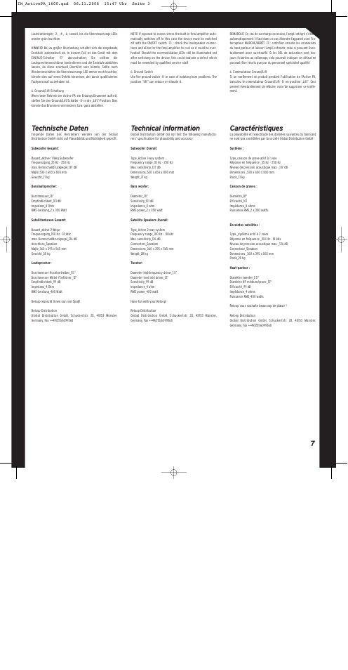 Technische daten, Technical information, Caractéristiques | Reloop ACTIVE PA SET 1600 User Manual | Page 7 / 8