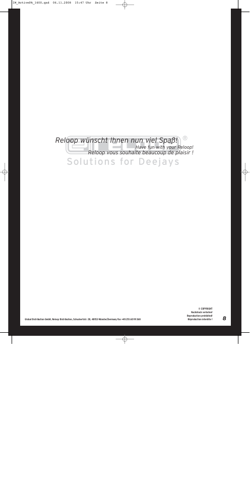 Reloop wünscht ihnen nun viel spaß, Reloop vous souhaite beaucoup de plaisir | Reloop ACTIVE PA SET 1600 User Manual | Page 8 / 8