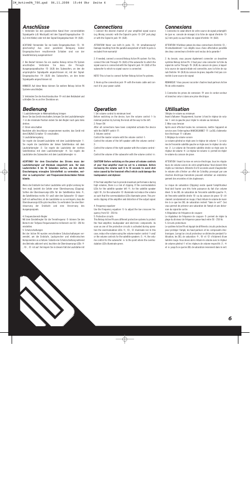 6anschlüsse, Bedienung, Connections | Operation, Connexions, Utilisation | Reloop ACTIVE PA SET 700 User Manual | Page 6 / 8