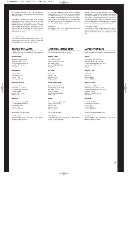 Technische daten, Technical information, Caractéristiques | Reloop ACTIVE PA SET 700 User Manual | Page 7 / 8