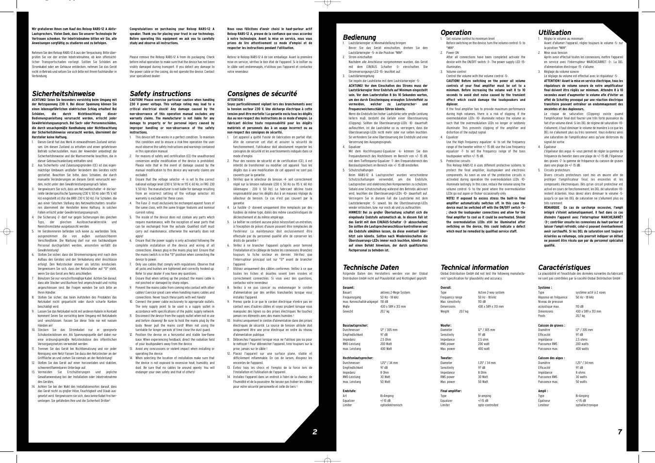 Sicherheitshinweise, 7bedienung, Technische daten | Safety instructions, Operation, Technical information, Consignes de sécurité, Utilisation, Caractéristiques | Reloop RABS-12 A User Manual | Page 2 / 8