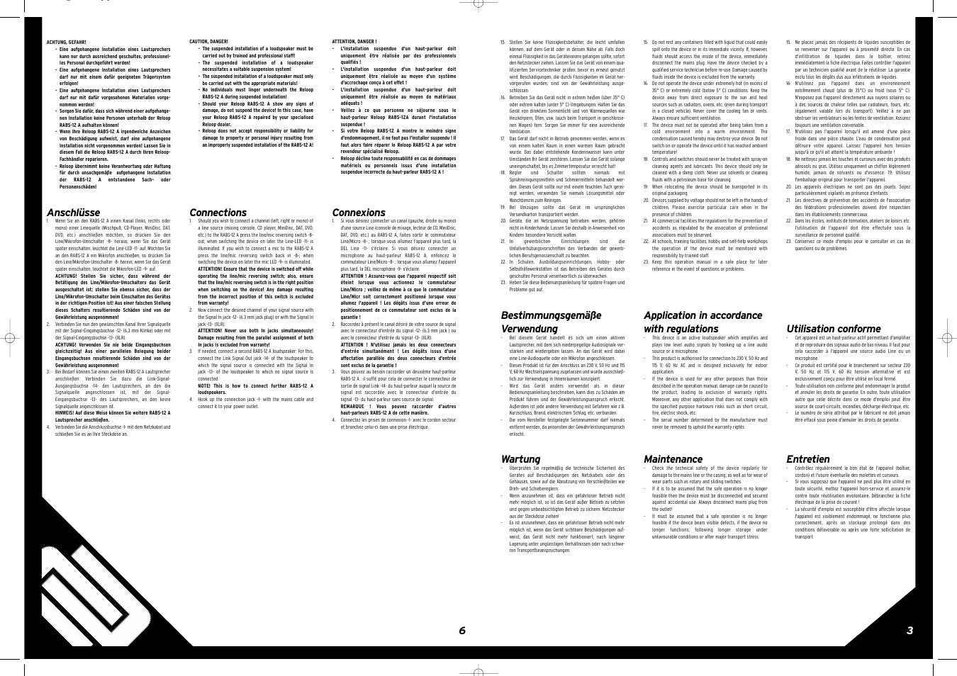 Bestimmungsgemäße verwendung, Wartung, Anschlüsse | Application in accordance with regulations, Maintenance, Connections, Utilisation conforme, Entretien, Connexions | Reloop RABS-12 A User Manual | Page 6 / 8