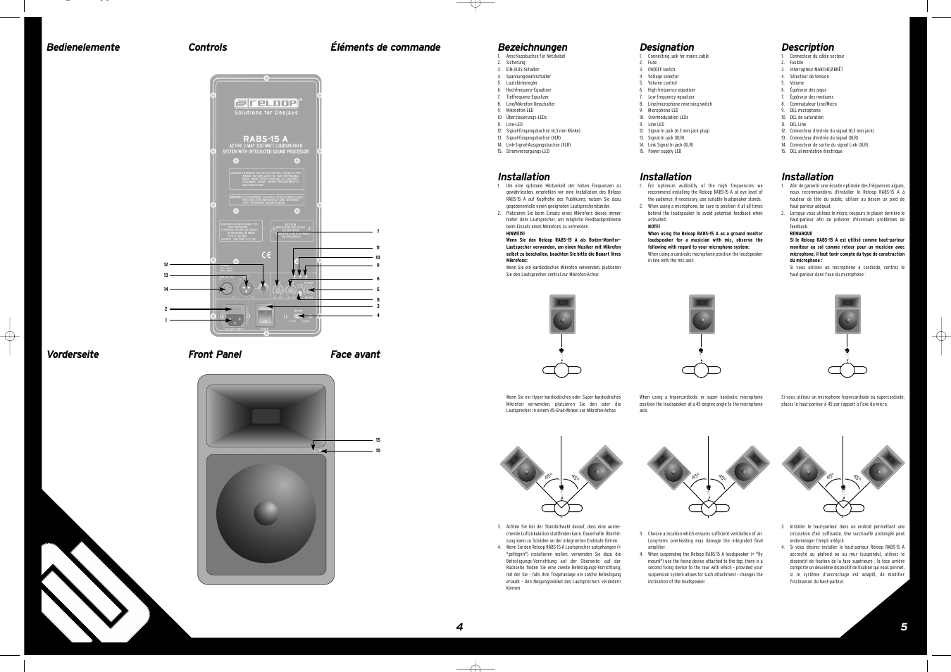 54 bezeichnungen, Installation, Controls front panel designation | Description, Bedienelemente vorderseite, Éléments de commande face avant | Reloop RABS-15 A User Manual | Page 5 / 8