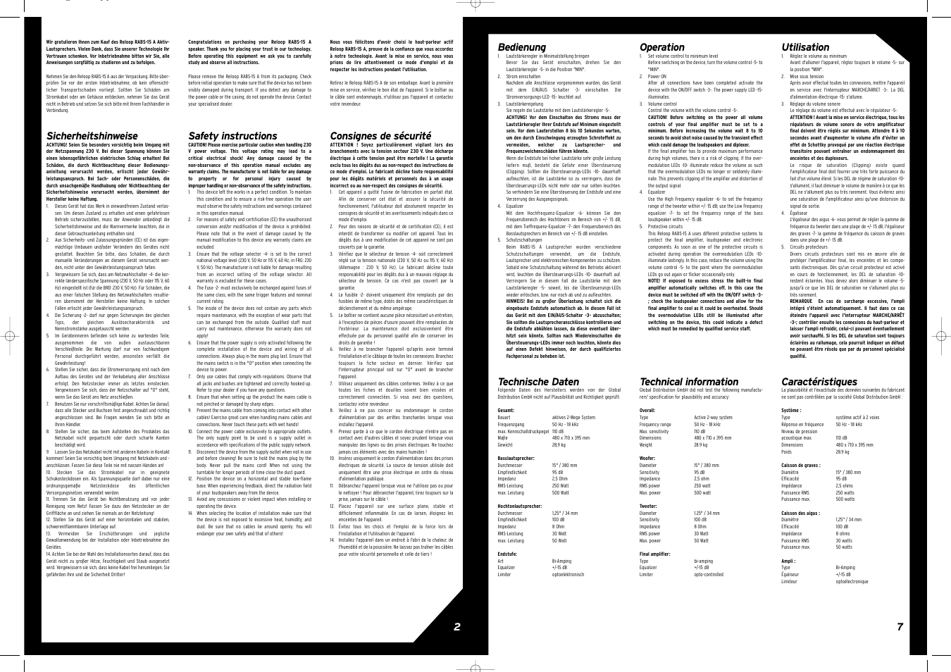 Sicherheitshinweise, 7bedienung, Technische daten | Safety instructions, Operation, Technical information, Consignes de sécurité, Utilisation, Caractéristiques | Reloop RABS-15 A User Manual | Page 7 / 8