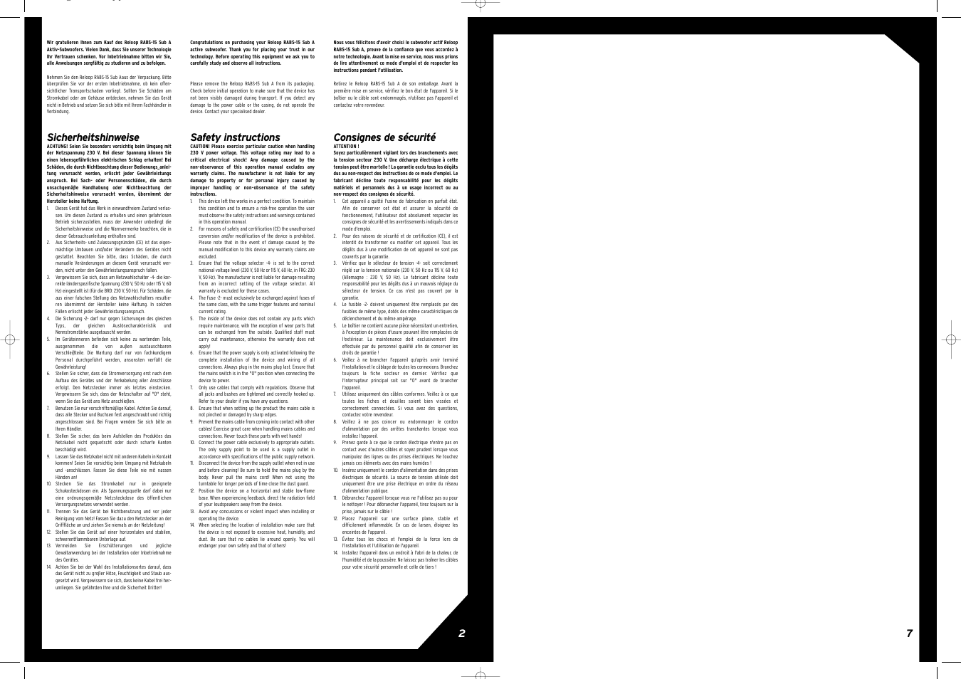 Sicherheitshinweise, Safety instructions, Consignes de sécurité | Reloop RABS-15 SUB A User Manual | Page 2 / 8
