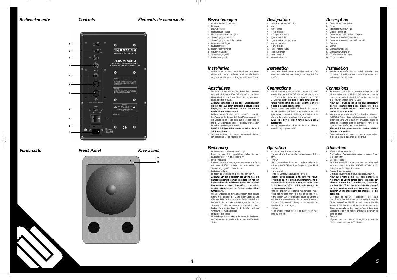 54 bezeichnungen, Installation, Anschlüsse | Bedienung, Controls front panel designation, Connections, Operation, Description, Connexions, Utilisation | Reloop RABS-15 SUB A User Manual | Page 5 / 8