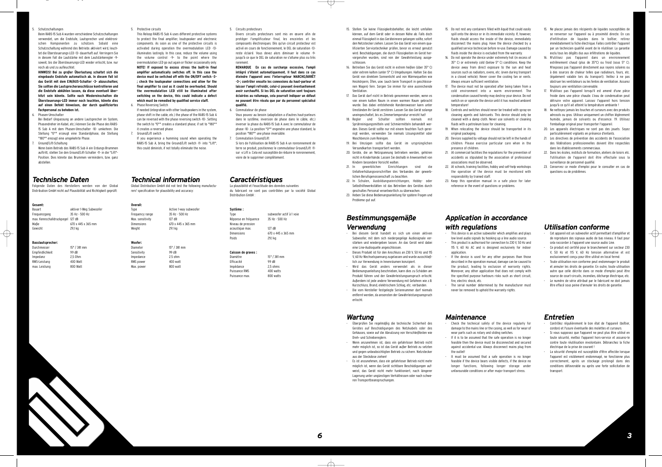 Bestimmungsgemäße verwendung, Wartung, Technische daten | Application in accordance with regulations, Maintenance, Technical information, Utilisation conforme, Entretien, Caractéristiques | Reloop RABS-15 SUB A User Manual | Page 6 / 8