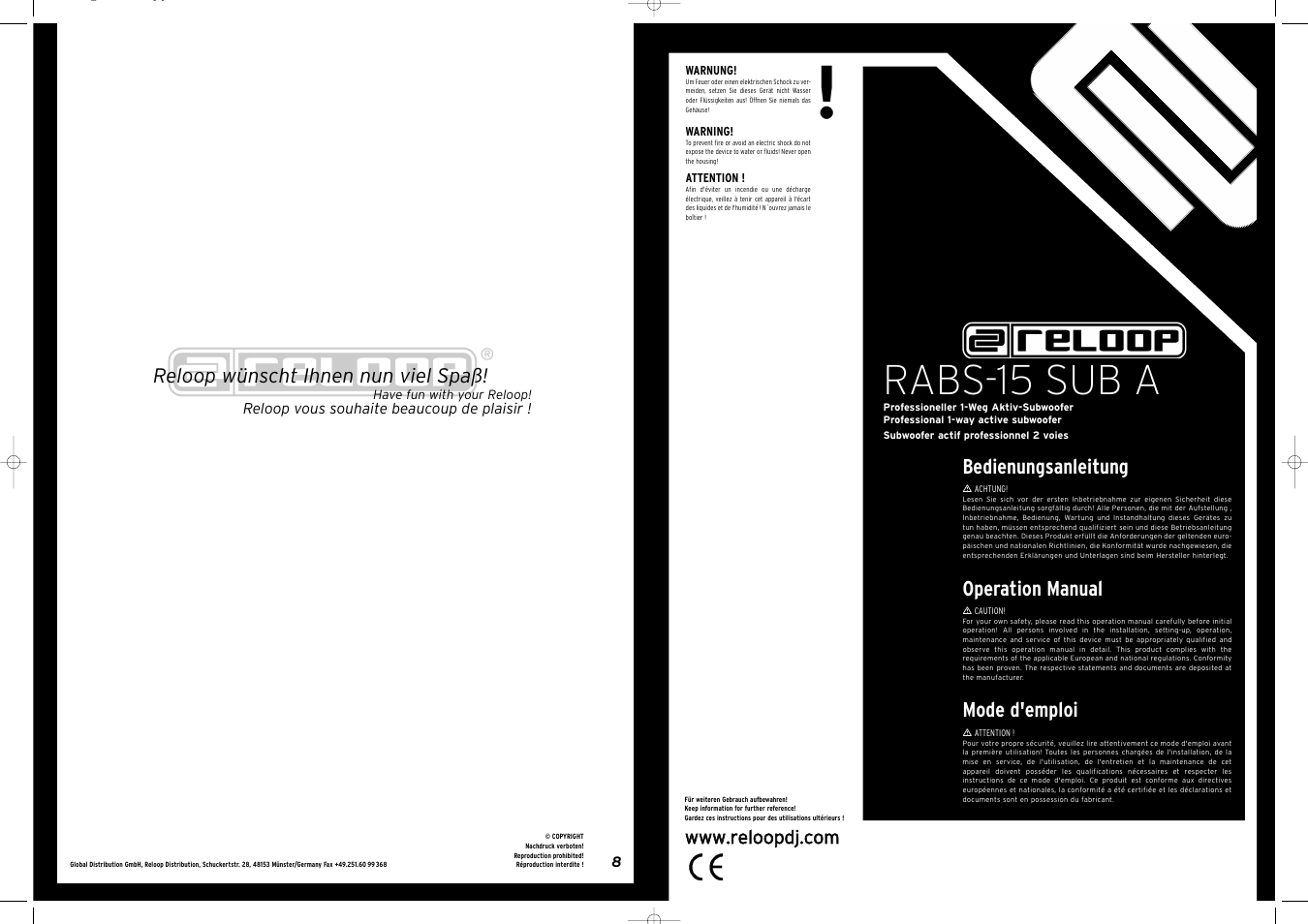 Rabs-15 sub a, Bedienungsanleitung, Operation manual | Mode d'emploi | Reloop RABS-15 SUB A User Manual | Page 8 / 8