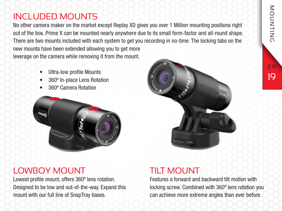 Included mounts, Lowboy mount, Tilt mount | Replay XD Prime X User Manual | Page 19 / 28