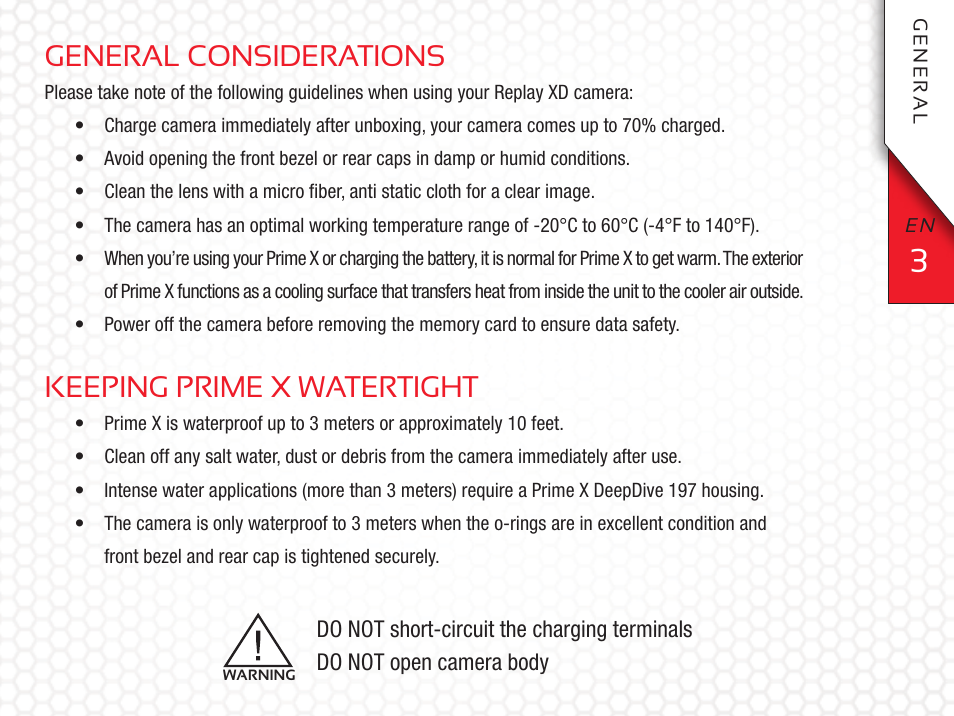 General considerations, Keeping prime x watertight | Replay XD Prime X User Manual | Page 3 / 28