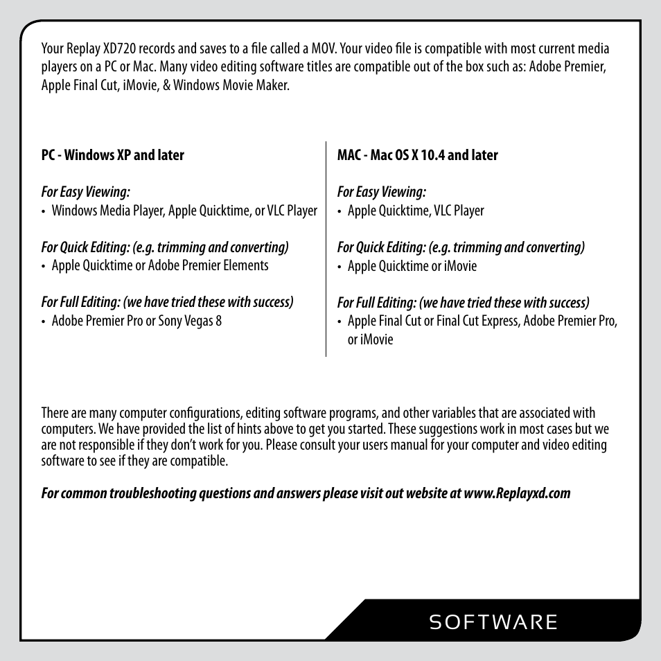 So f t wa r e | Replay XD XD720 User Manual | Page 11 / 16