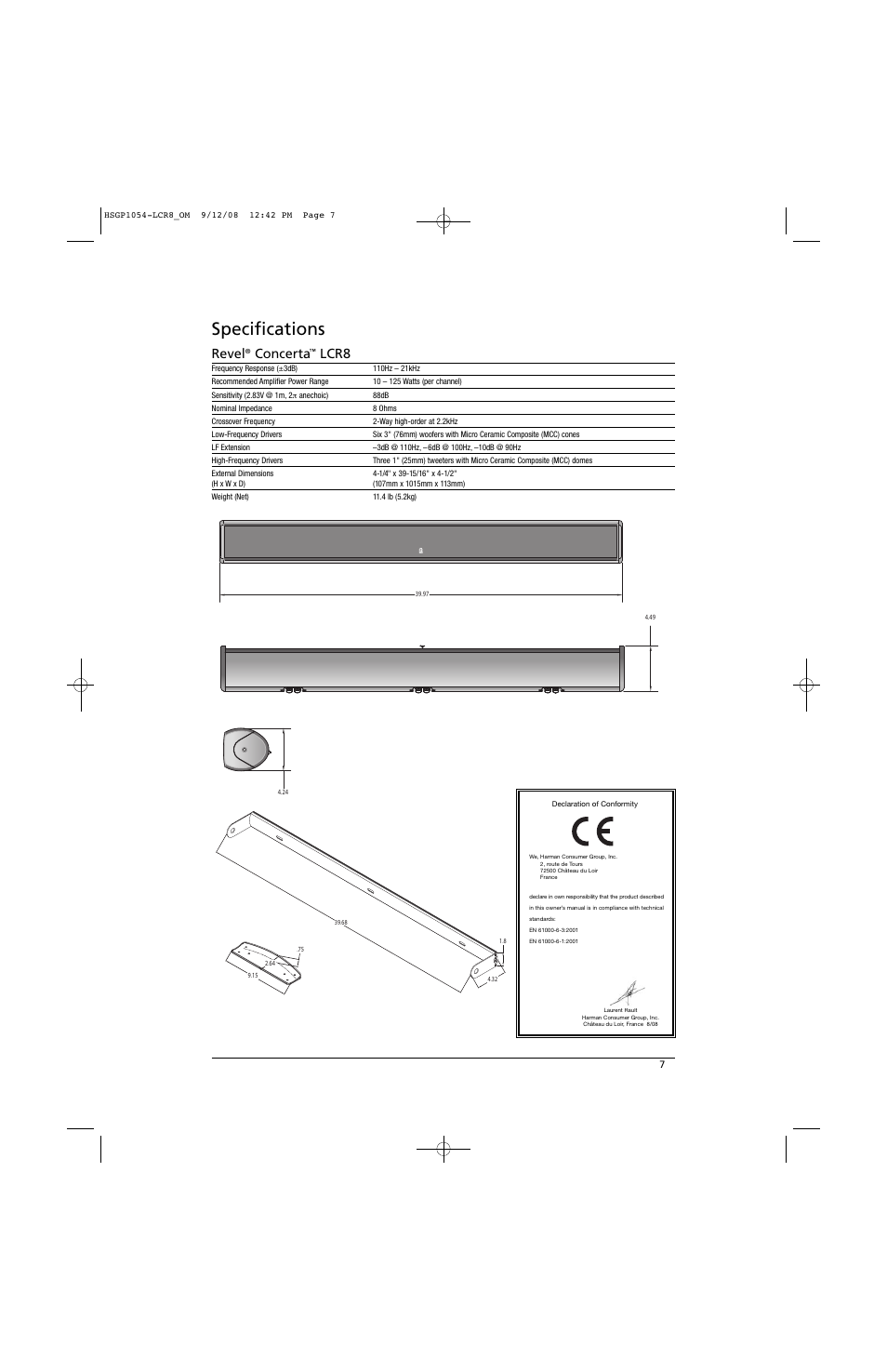 Specifications, Revel, Concerta | Lcr8 | Revel LCR8 User Manual | Page 7 / 9