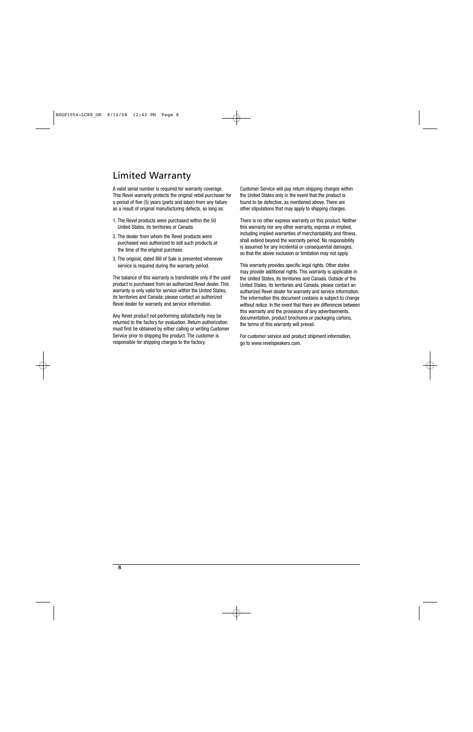 Limited warranty | Revel LCR8 User Manual | Page 8 / 9