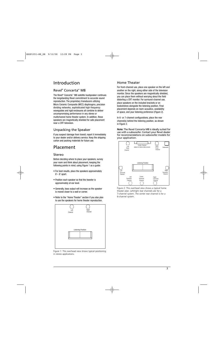 Introduction, Placement, Revel | Concerta, Unpacking the speaker, Stereo, Home theater | Revel M8 User Manual | Page 3 / 8